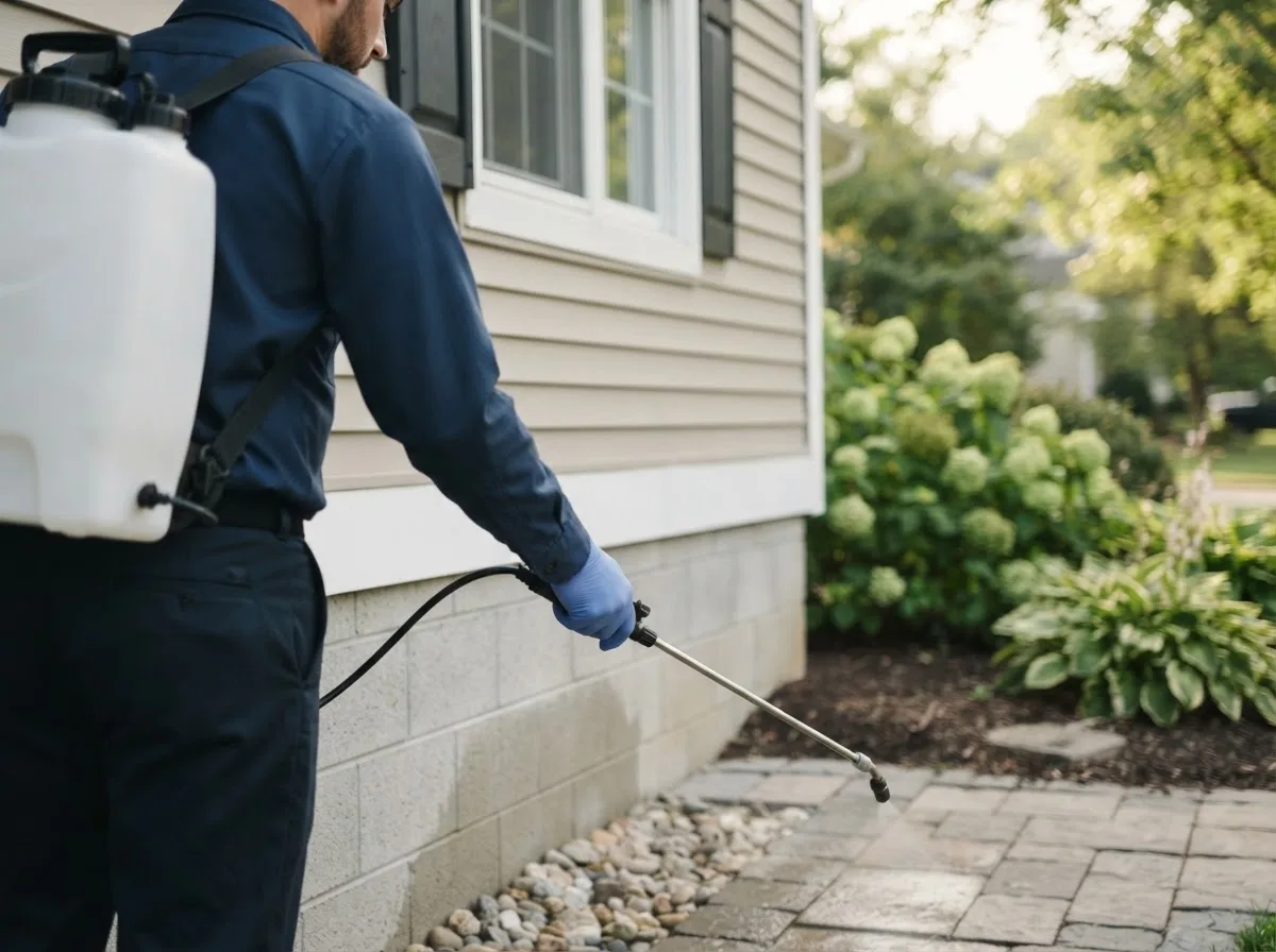Pest control technician inspecting a home in Shawnee, OK
